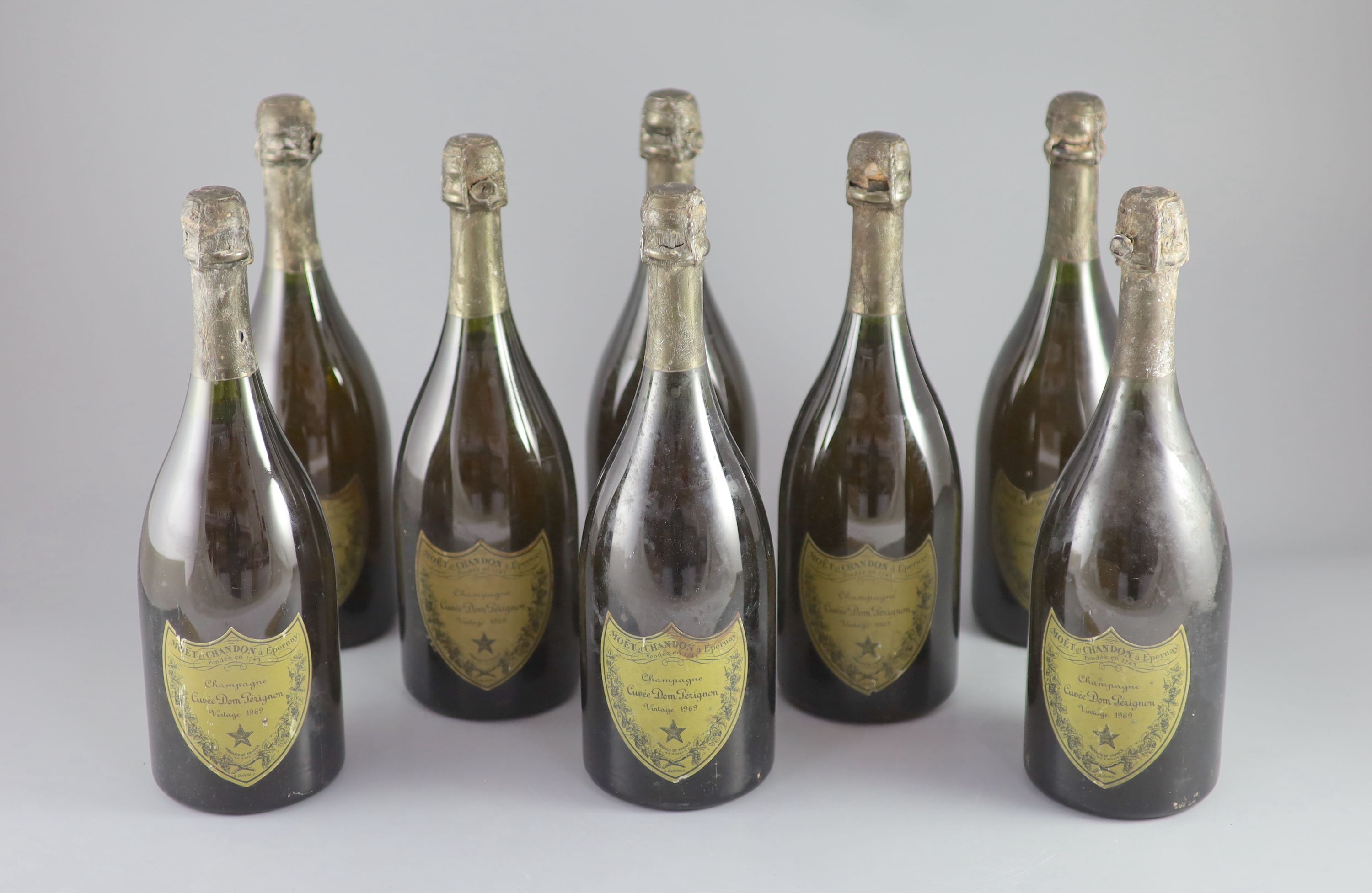Eight bottles of Moet & Chandon Cuvee Dom Perignon Vintage 1969 Champagne.